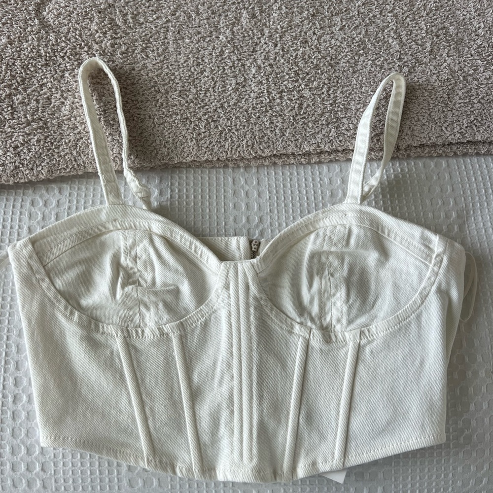 Zara White Denim Bustier Top